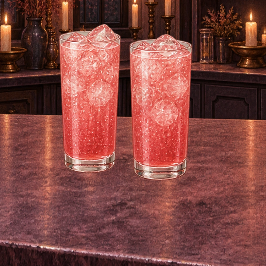 Raspberry Lychee Cauldron Spritz in an illustrated Halloween setting.