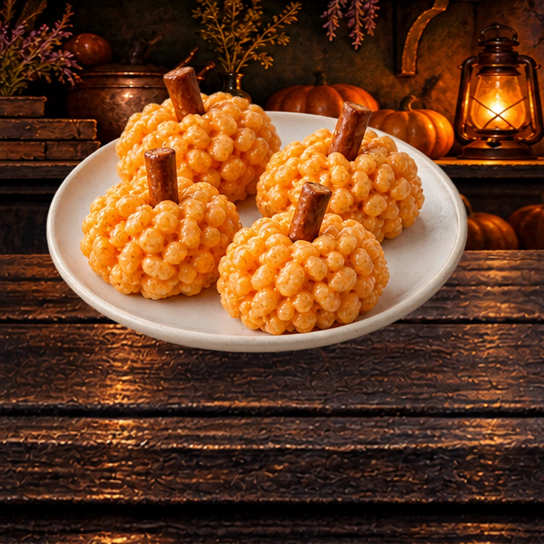 Rice Krispie Treat Pumpkins in an illustrated Halloween setting.
