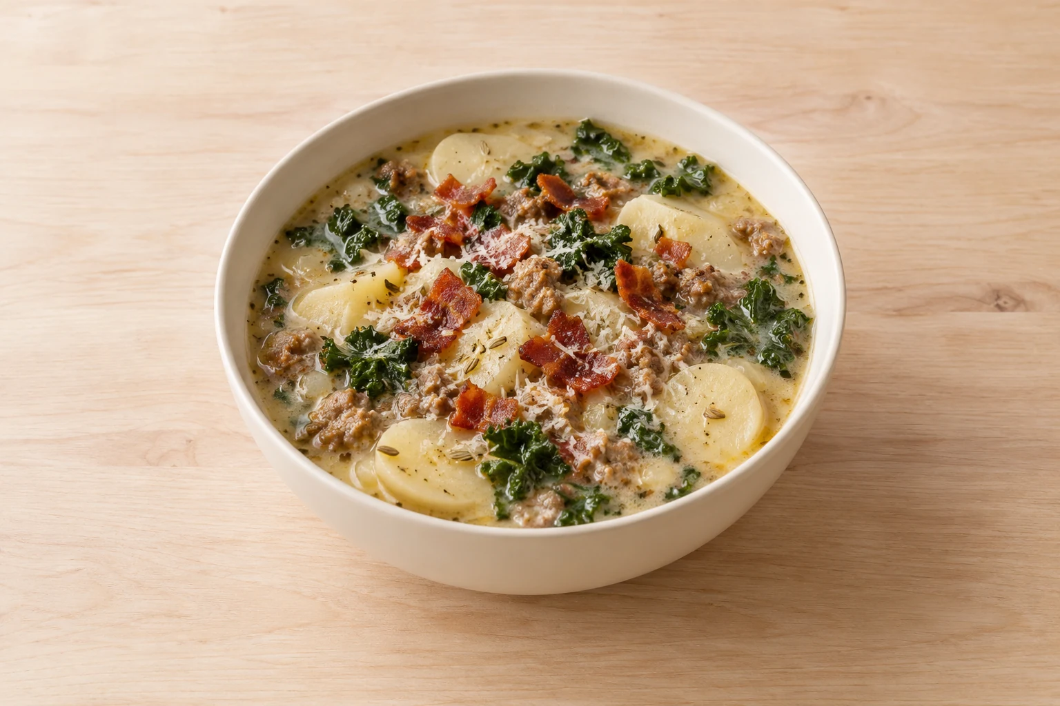 A bowl of sausage, sliced potato and kale soup topped with bacon and grated Parmesan.