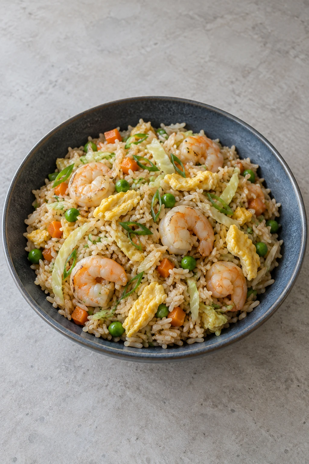 Shrimp fried rice with cabbage, folded egg, peas and carrots in a blue bowl