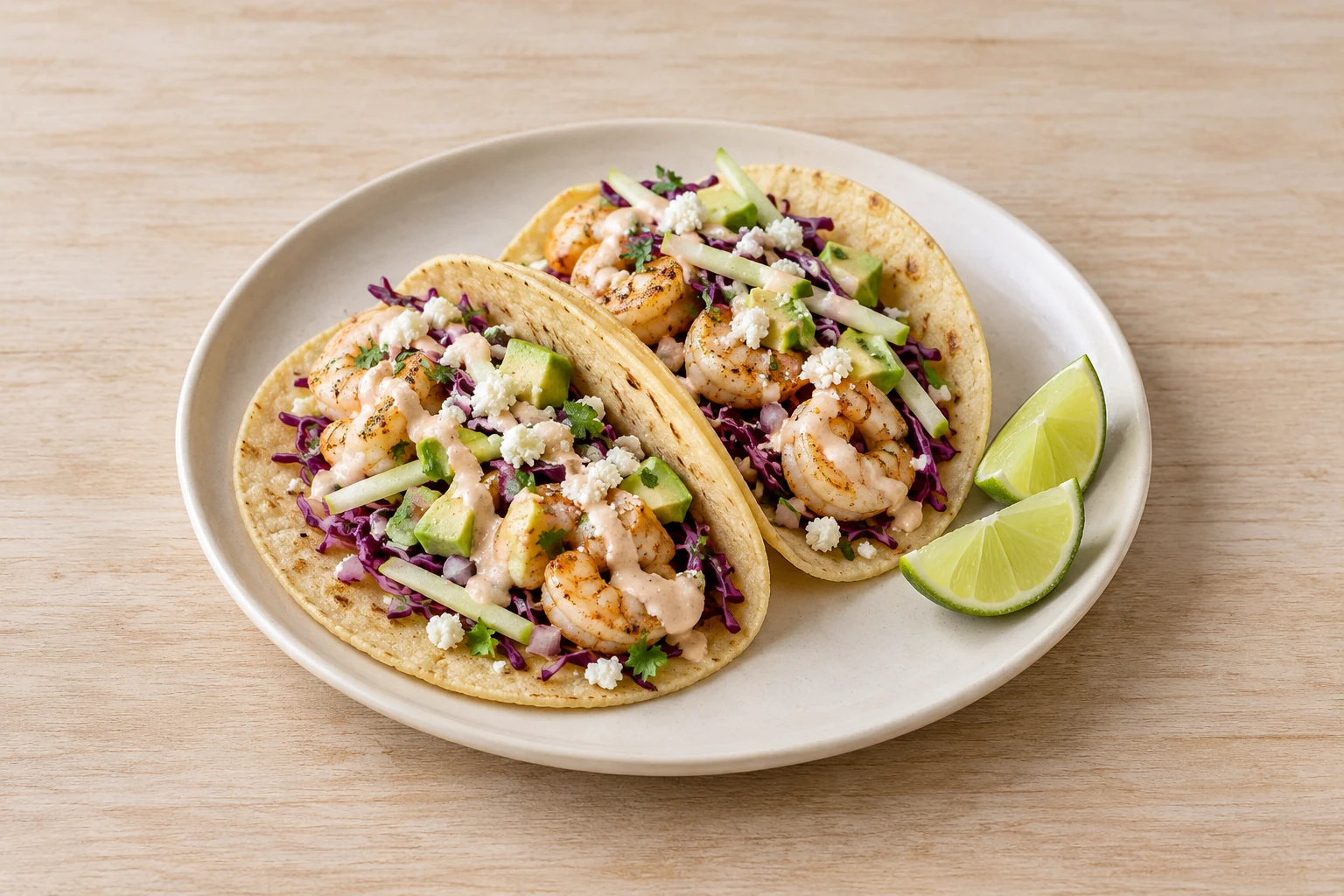 Two shrimp tacos with apple-cabbage slaw, creamy sauce and lime wedges on a plate.