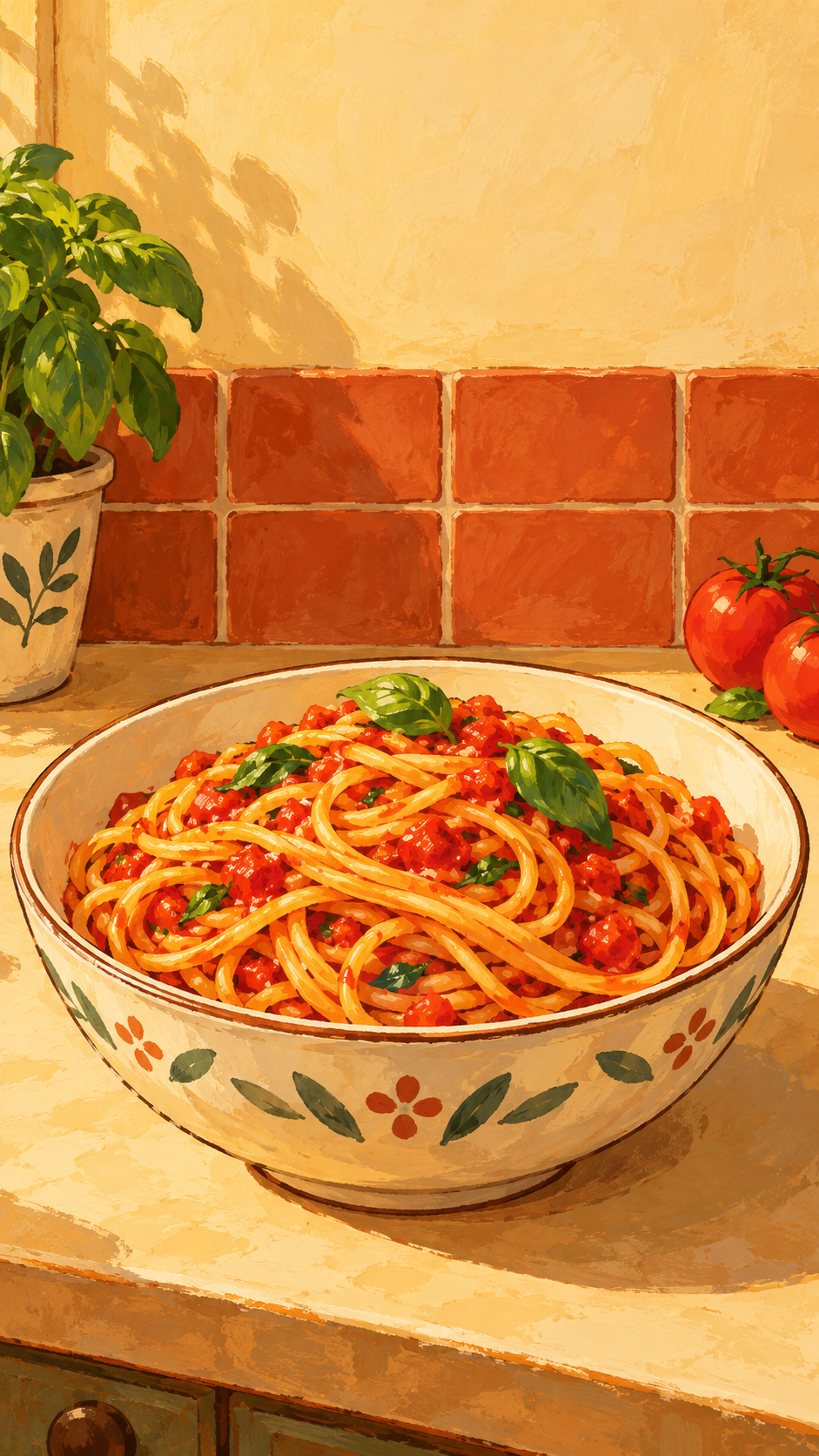 Painted illustration of spaghetti with tomato sauce and basil in a cream bowl on a terracotta kitchen counter.