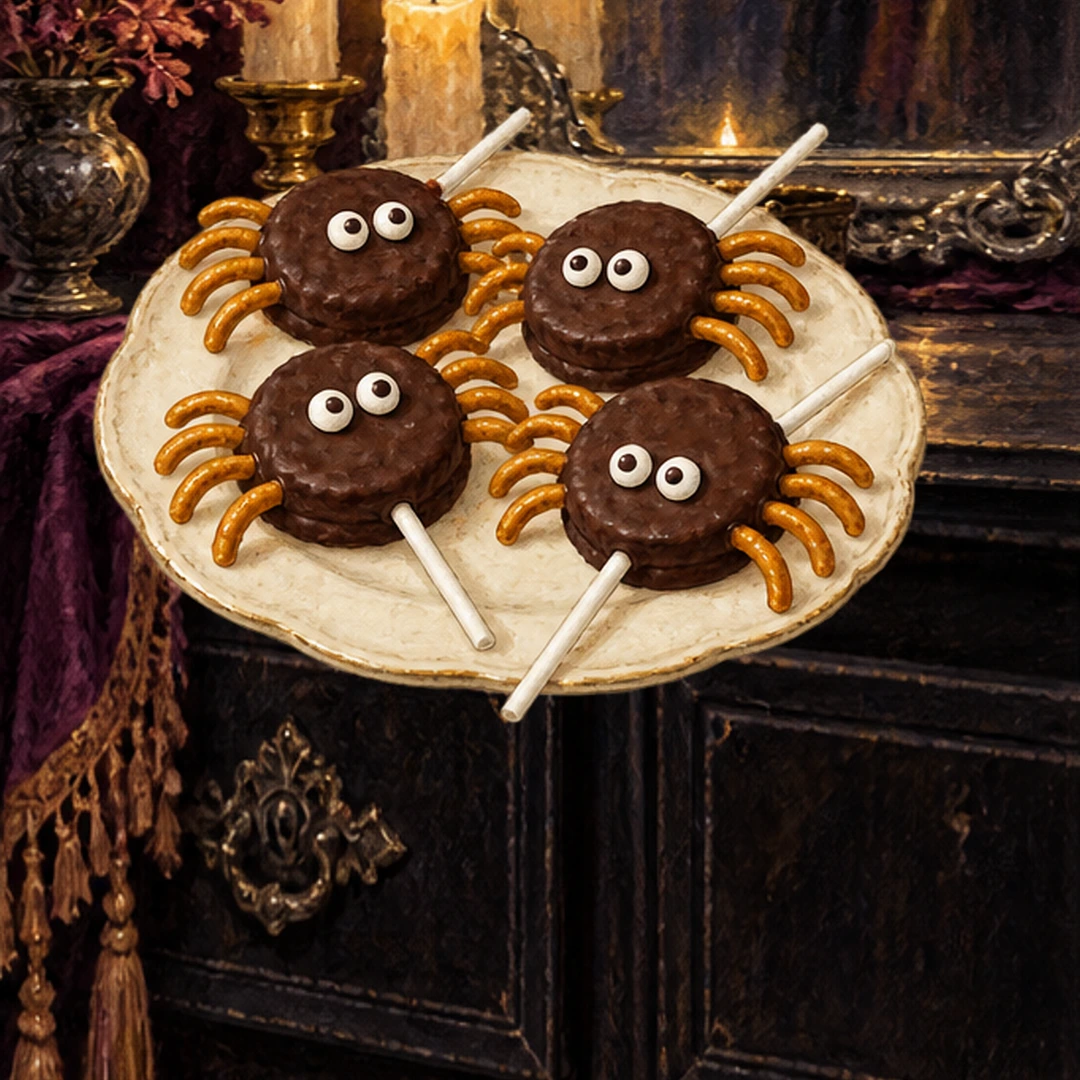 Spider Cookie Pops in an illustrated Halloween setting.
