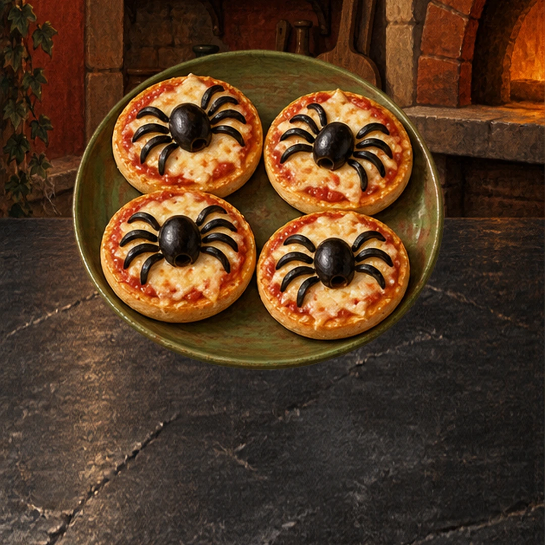 Spider Pizza Bagels in an illustrated Halloween setting.