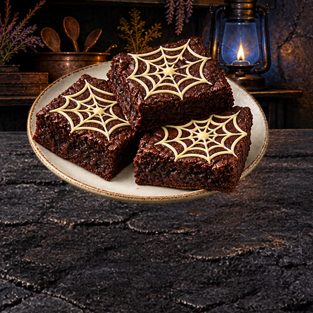 Spiderweb Brownies in an illustrated Halloween setting.