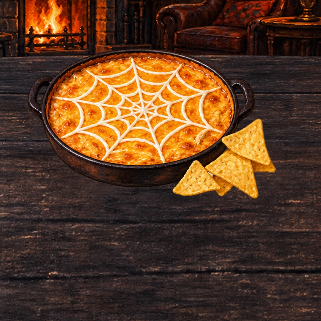 Spiderweb Buffalo Chicken Dip in an illustrated Halloween setting.