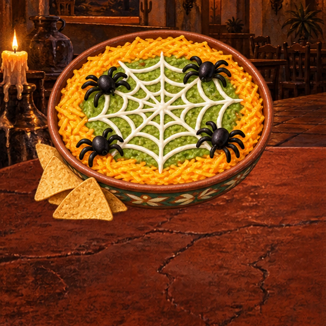 Spiderweb Taco Dip in an illustrated Halloween setting.