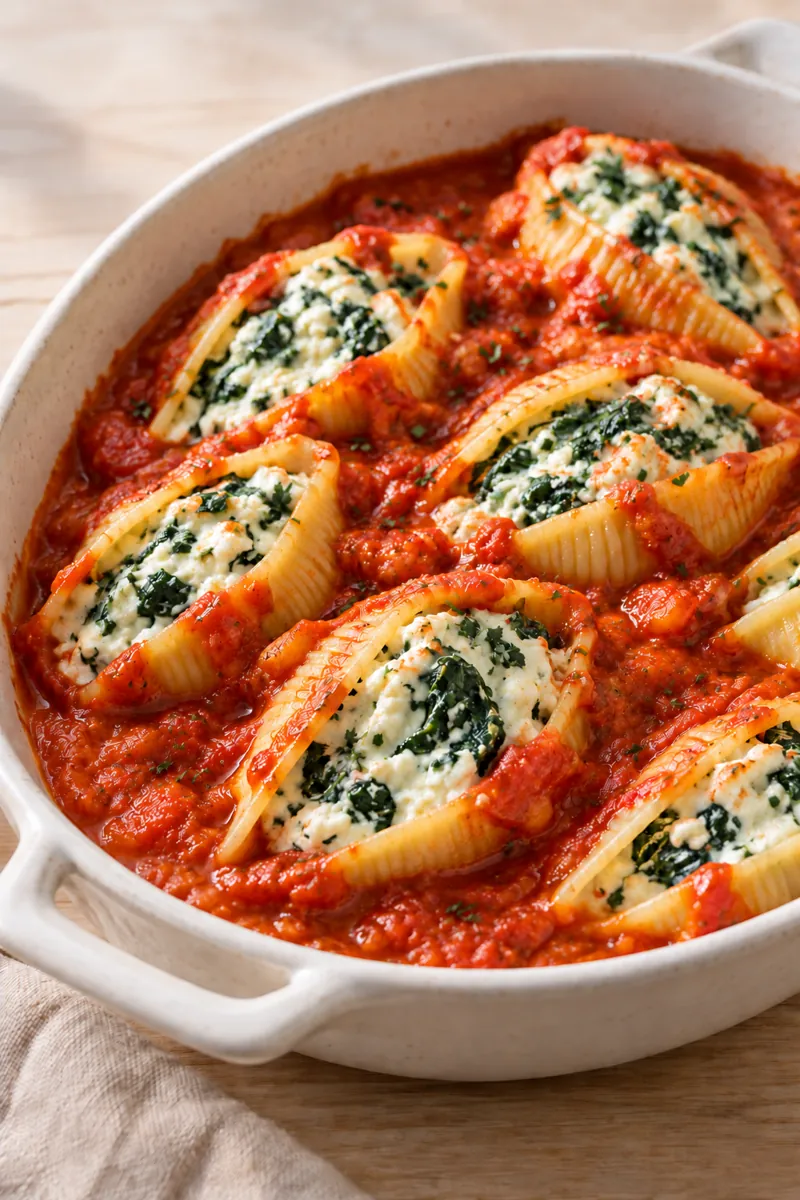 Spinach shells with roasted red pepper sauce
