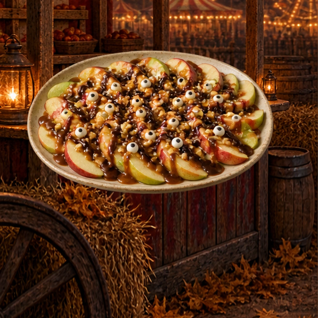 Spooky Caramel Apple Nachos in an illustrated Halloween setting.