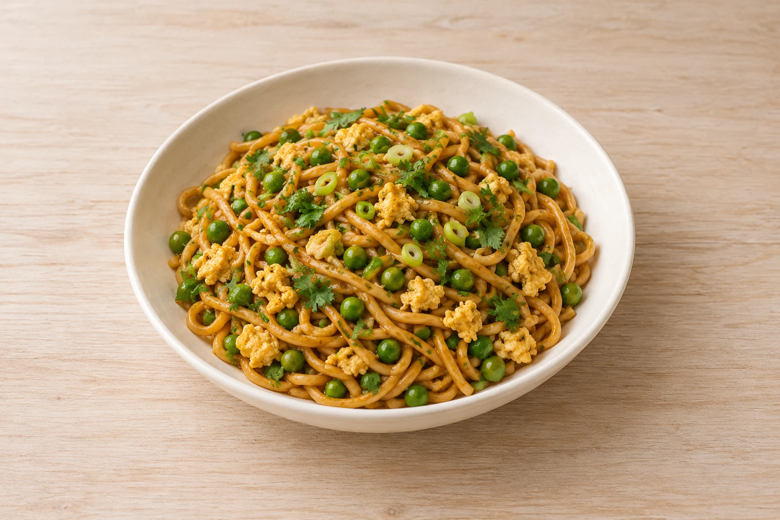 Sriracha egg noodles with peas, scallions and cilantro in a bowl.