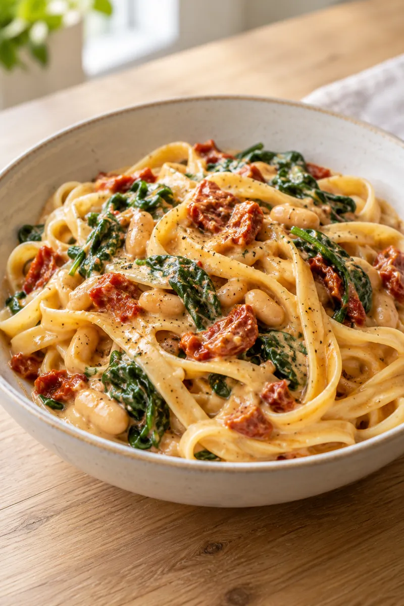 Sun-dried tomato pasta with spinach