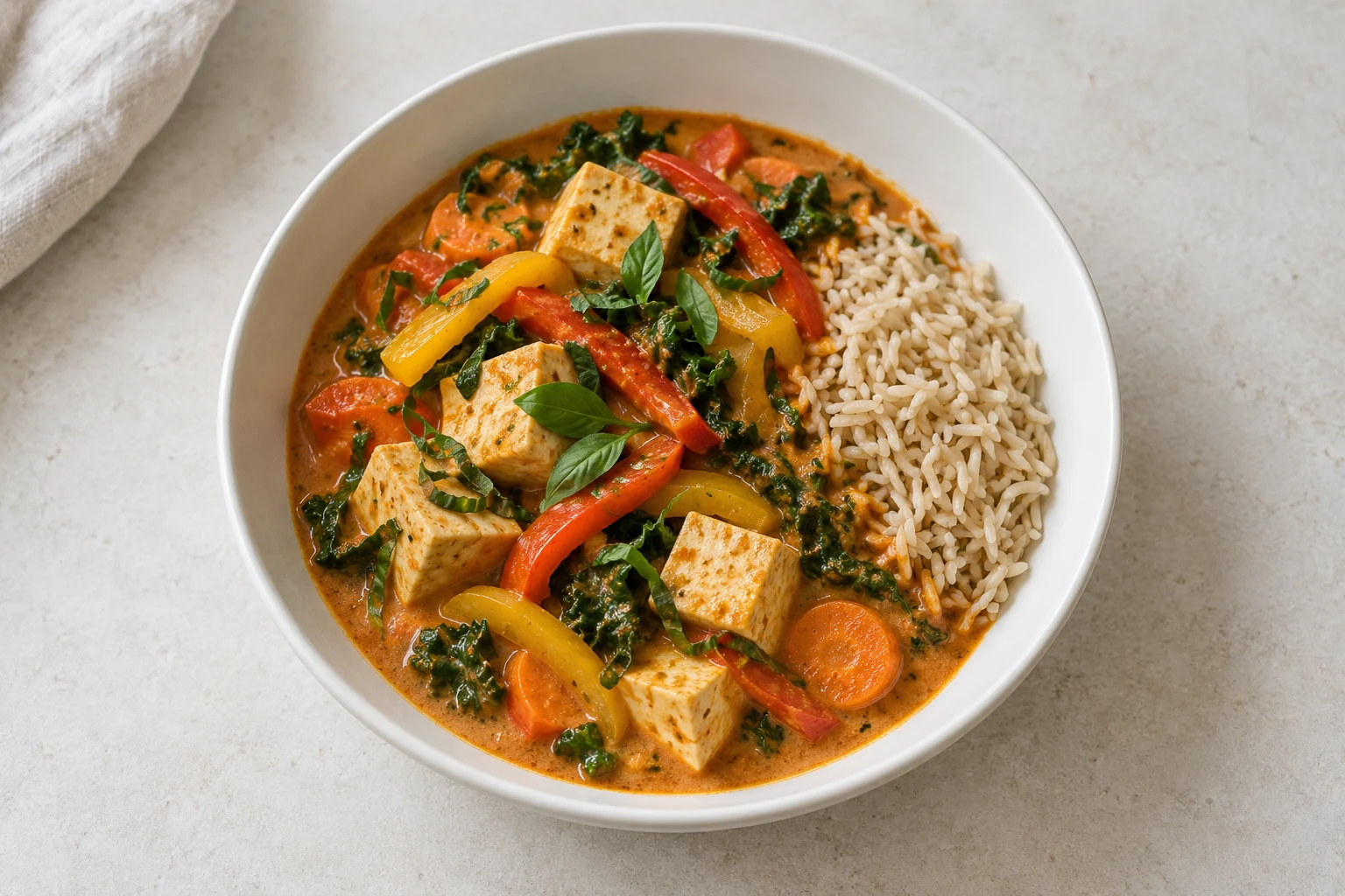 Tofu, peppers, carrots and kale in red coconut curry beside rice in a white bowl