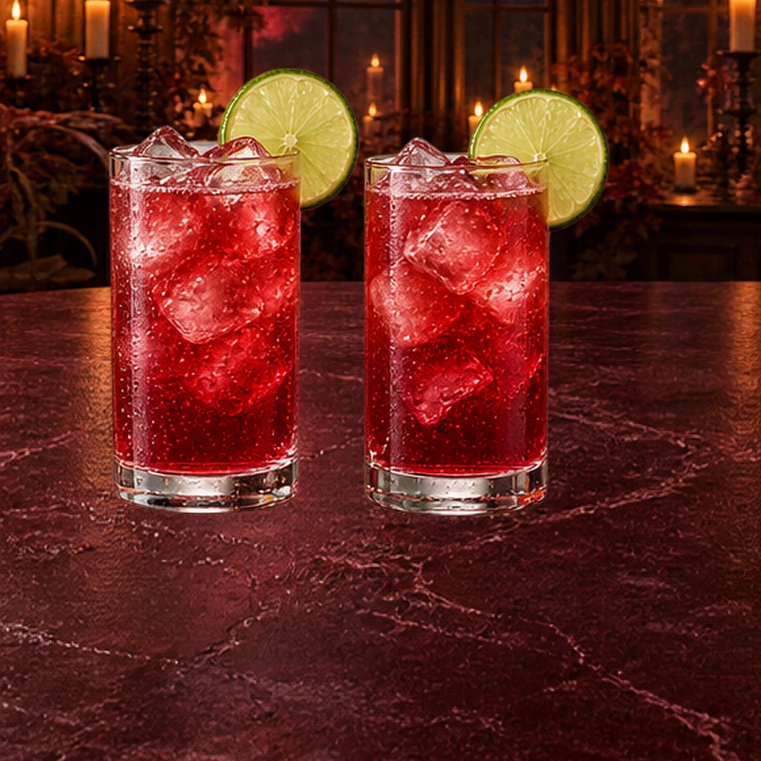 Vampire Cranberry Lime Spritz in an illustrated Halloween setting.