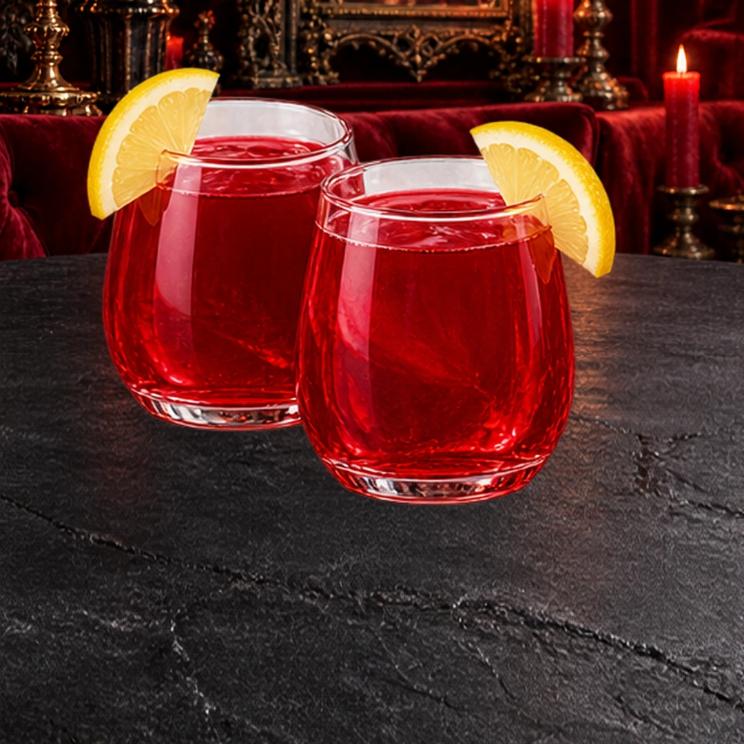 Vampire Pomegranate Lemonade in an illustrated Halloween setting.