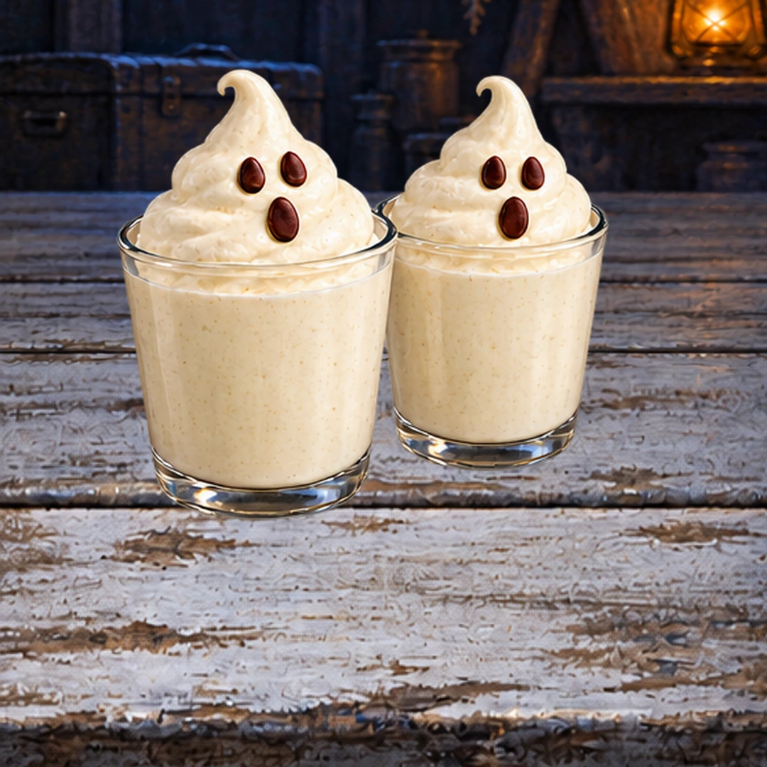 Vanilla Ghost Milkshakes in an illustrated Halloween setting.