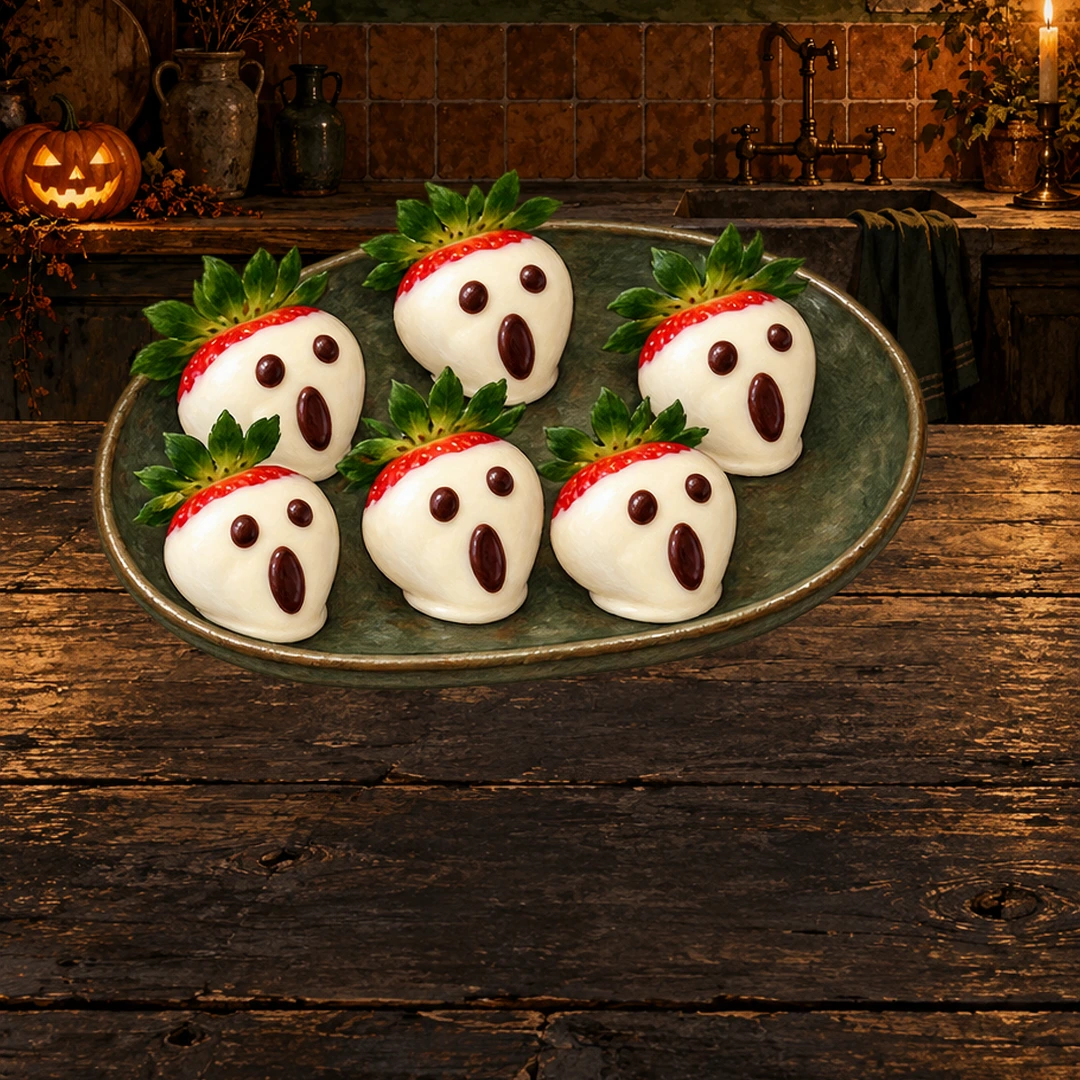White Chocolate Ghost Strawberries illustrated in a moonlit Halloween kitchen.