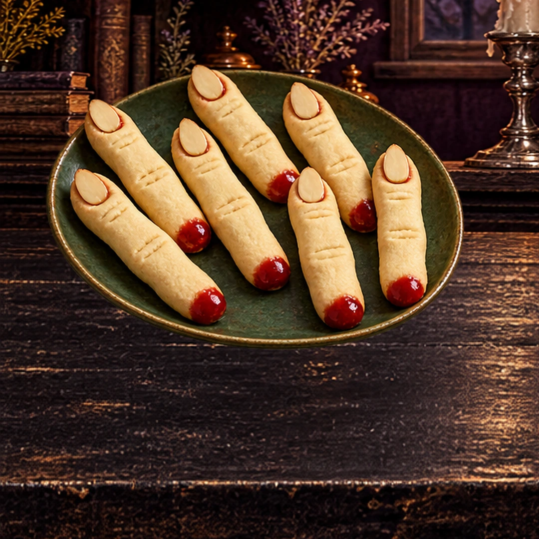 Witch-Finger Cookies in an illustrated Halloween setting.
